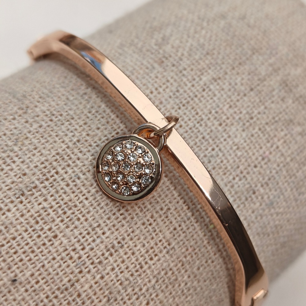 Rose Gold Tone Pavé Crystal Dangle Charm Bangle Bracelet Cuff Adjustable Clasp